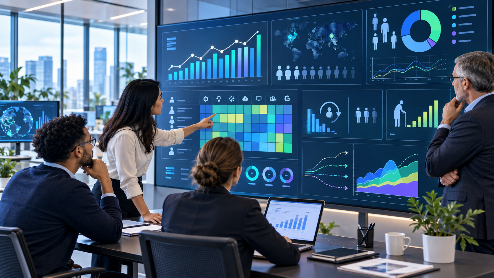 An HR analytics team examining workforce data, forecasts, and capability gaps