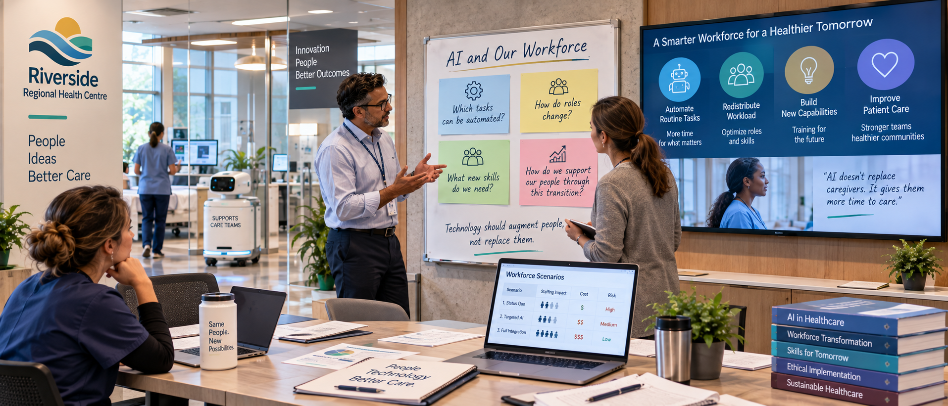 Healthcare professionals reviewing artificial intelligence and workforce technology