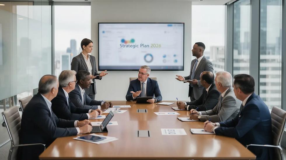 Corporate leadership team discussing a board plan
