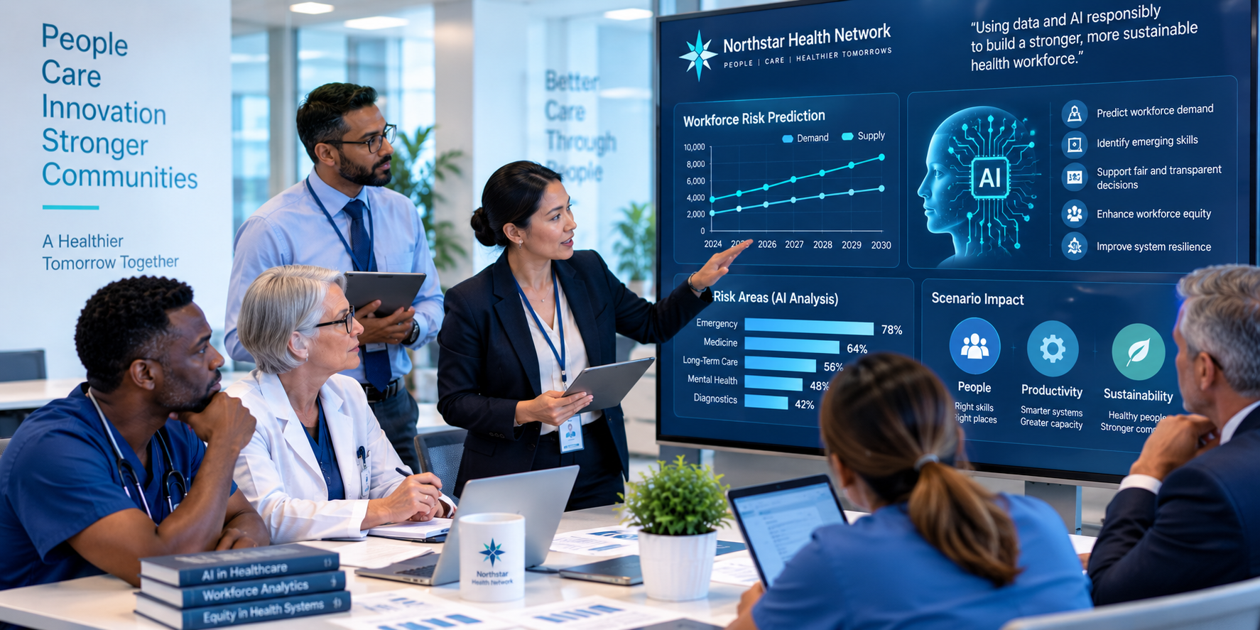 Healthcare leaders reviewing AI and workforce analytics
