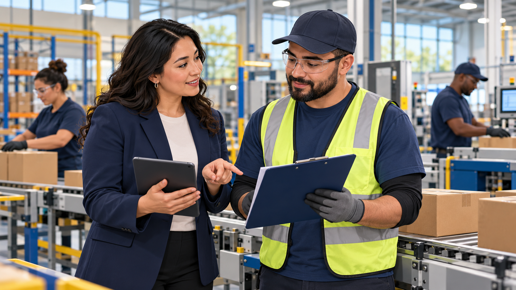 HR and production colleagues analyzing manufacturing work at Cedarline