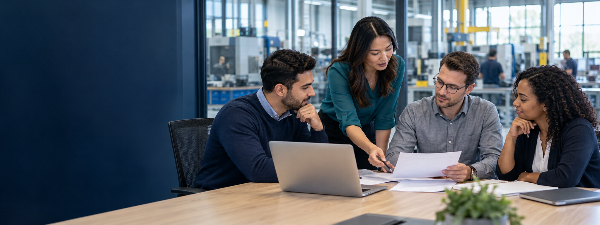 HR and operations colleagues plan recruitment in a modern manufacturing business.